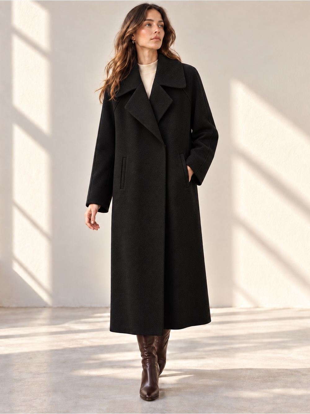 Shirtaporter Sculptural Collar Black Long Coat Wool Italian Editorial Sz 10-12